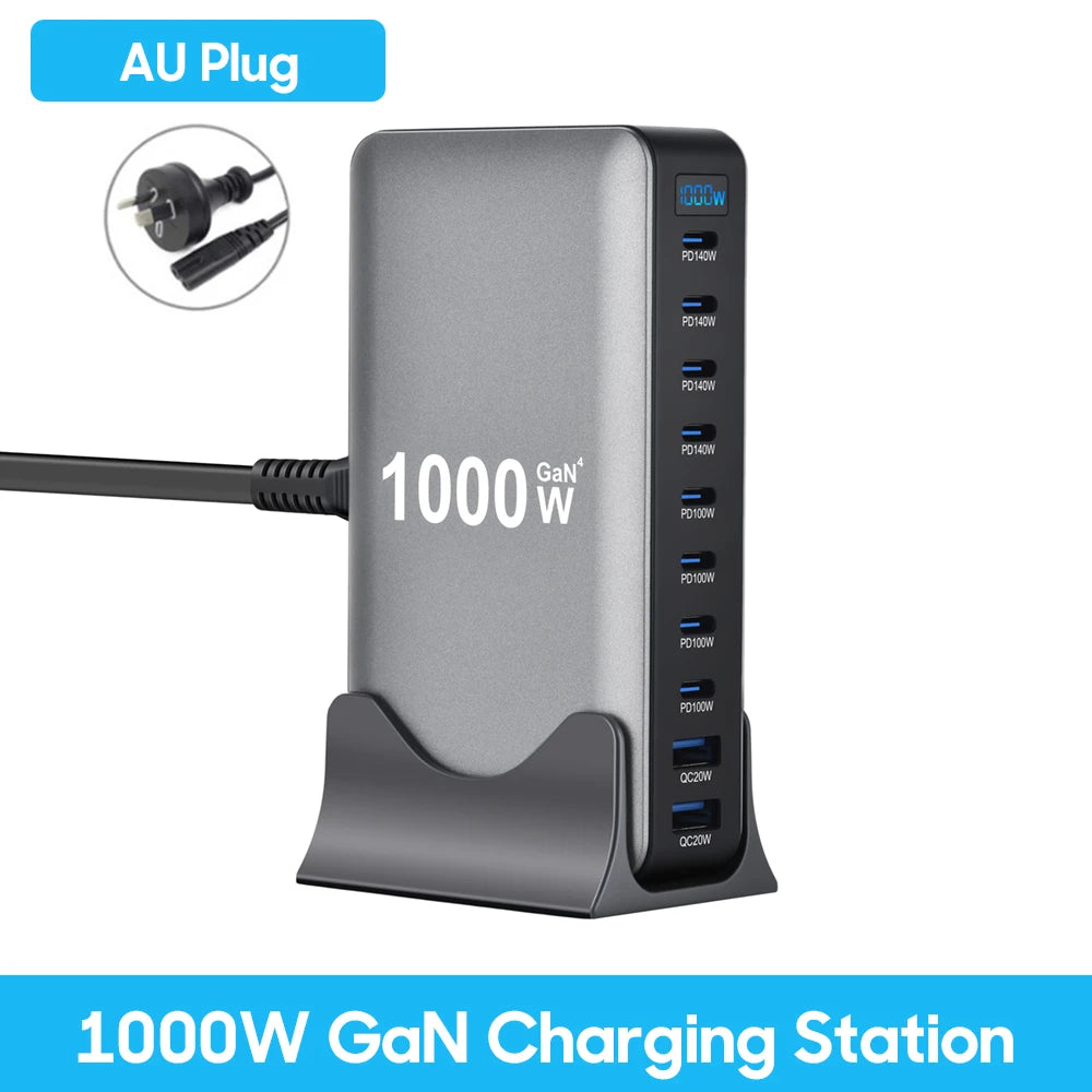 1000W 10-Port GaN-Schreibtischadapter 140W PD-Schnellladen für MacBook Pro Laptop, 100W für Smartphone und Tablet, Multi-Port-USB-Hub Station