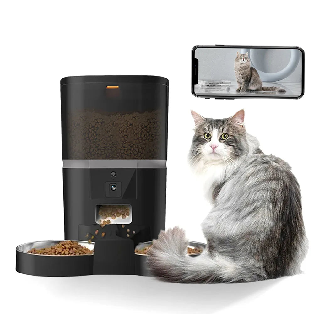 Plugwell™ 4L Automatischer Futterautomat mit HD-Kamera | Smarter Futterspender mit Doppelnapf für Hunde & Katzen