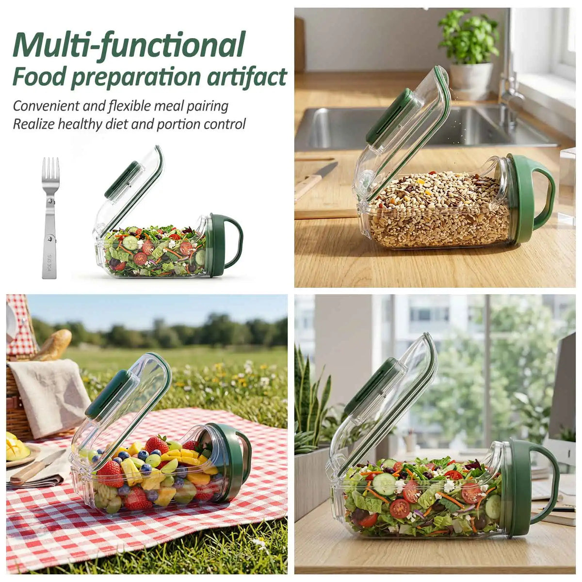 Neues tragbares, auslaufsicheres Salatglas mit seitlicher Öffnung, Dressingbecher und Gabel, vertikaler Schichtsalatbehälter für die Mahlzeitenvorbereitung