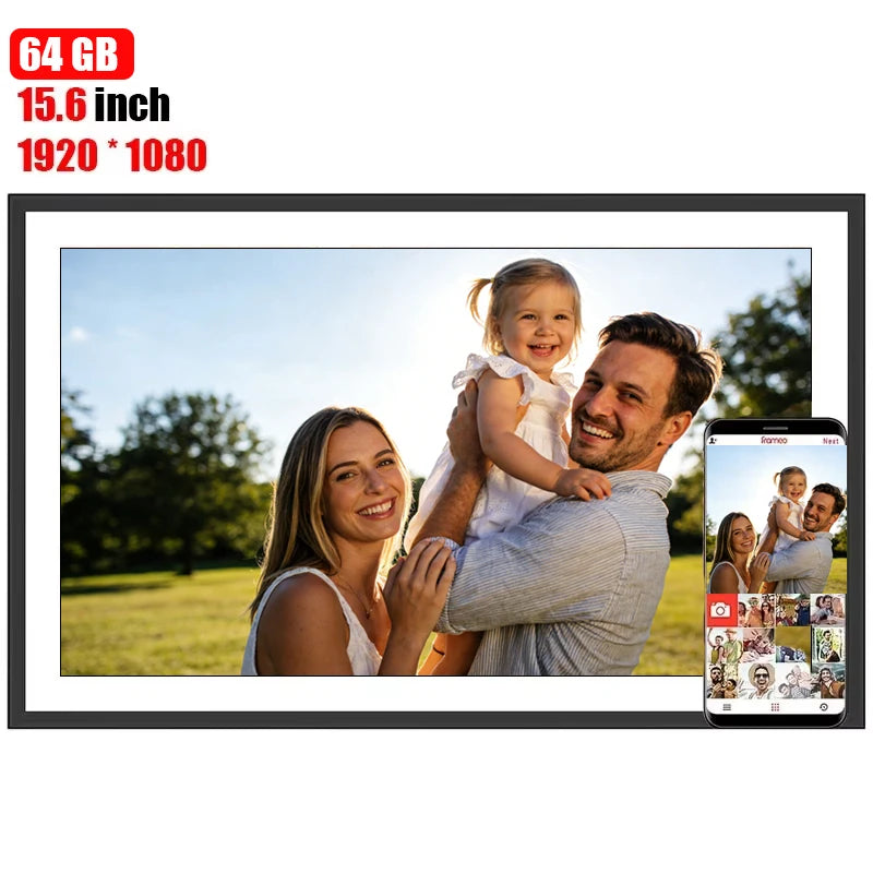 Frameo 15,6-Zoll-WLAN-Digitalfotorahmen, 1920 × 1080 IPS-HD-Touchscreen, 64 GB, automatischer Bildschirmausrichtung, smarter Fotorahmen, Wandmontage