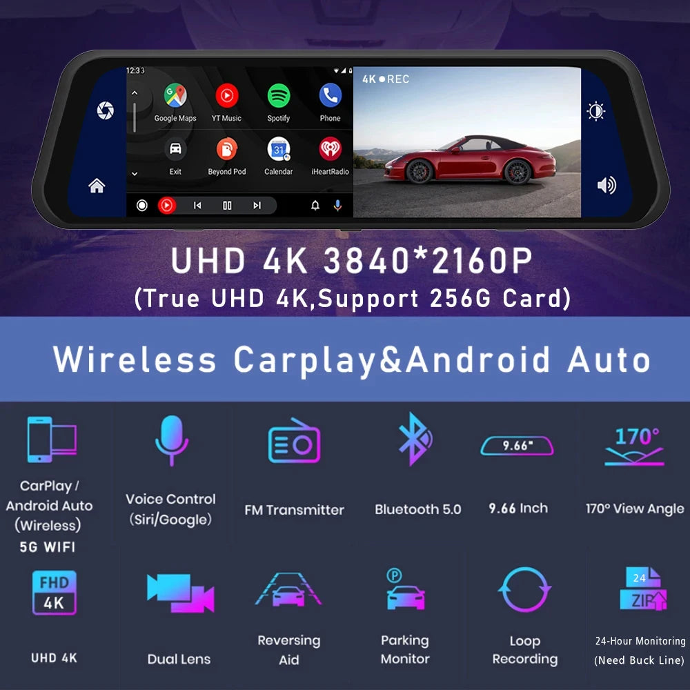 Dashcam 4K 2160P Auto-DVR CarPlay Android Auto Streaming Rückspiegel GPS 5G WLAN FM-Radio AUX Dashcam Auto-Kamera Fahrtenschreiber