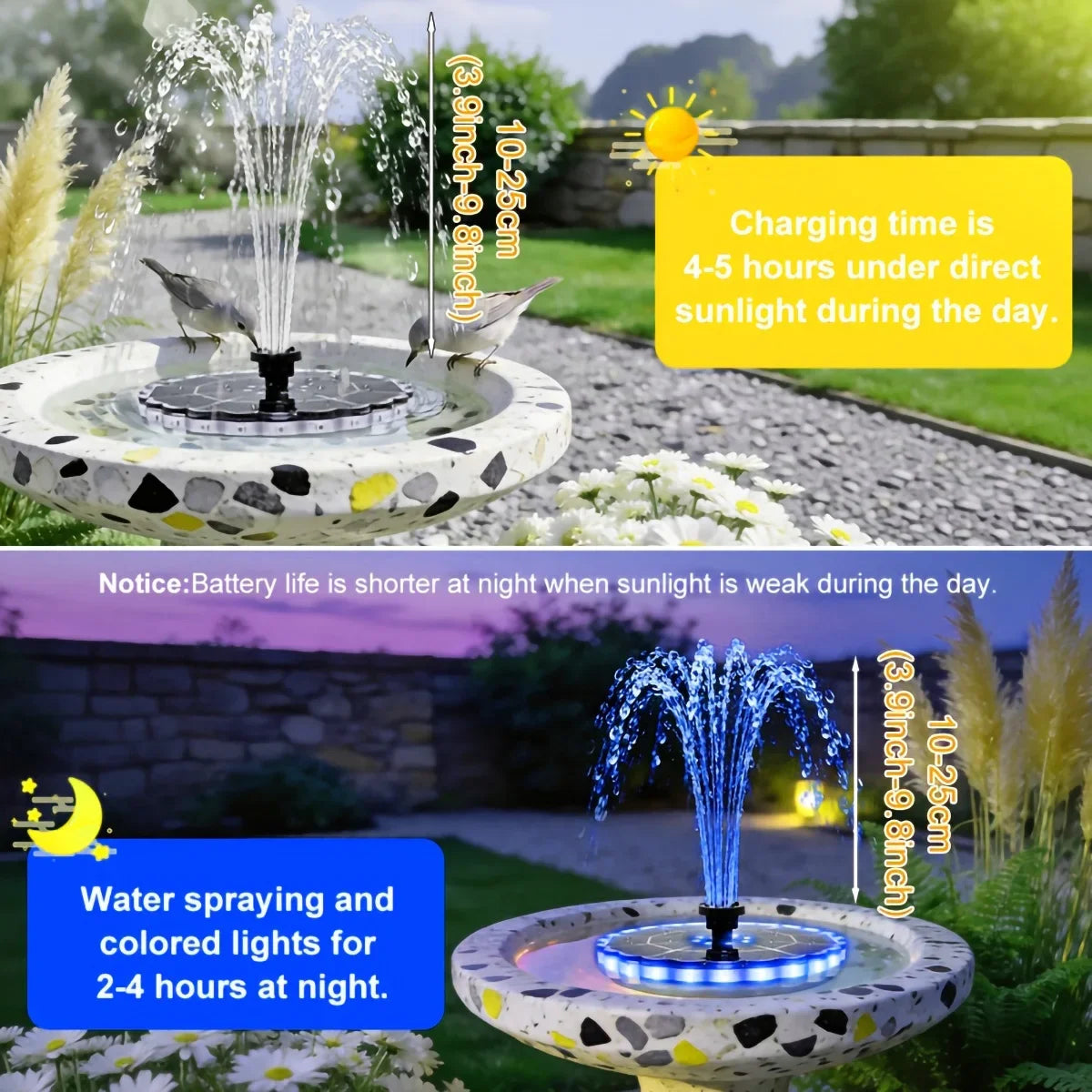Solarbetriebener schwimmender Brunnen mit RGB-LED-Beleuchtung, Solar-Wasserspiel mit mehreren Düsen für Vogelbäder, Gartenteiche und den Außenbereich