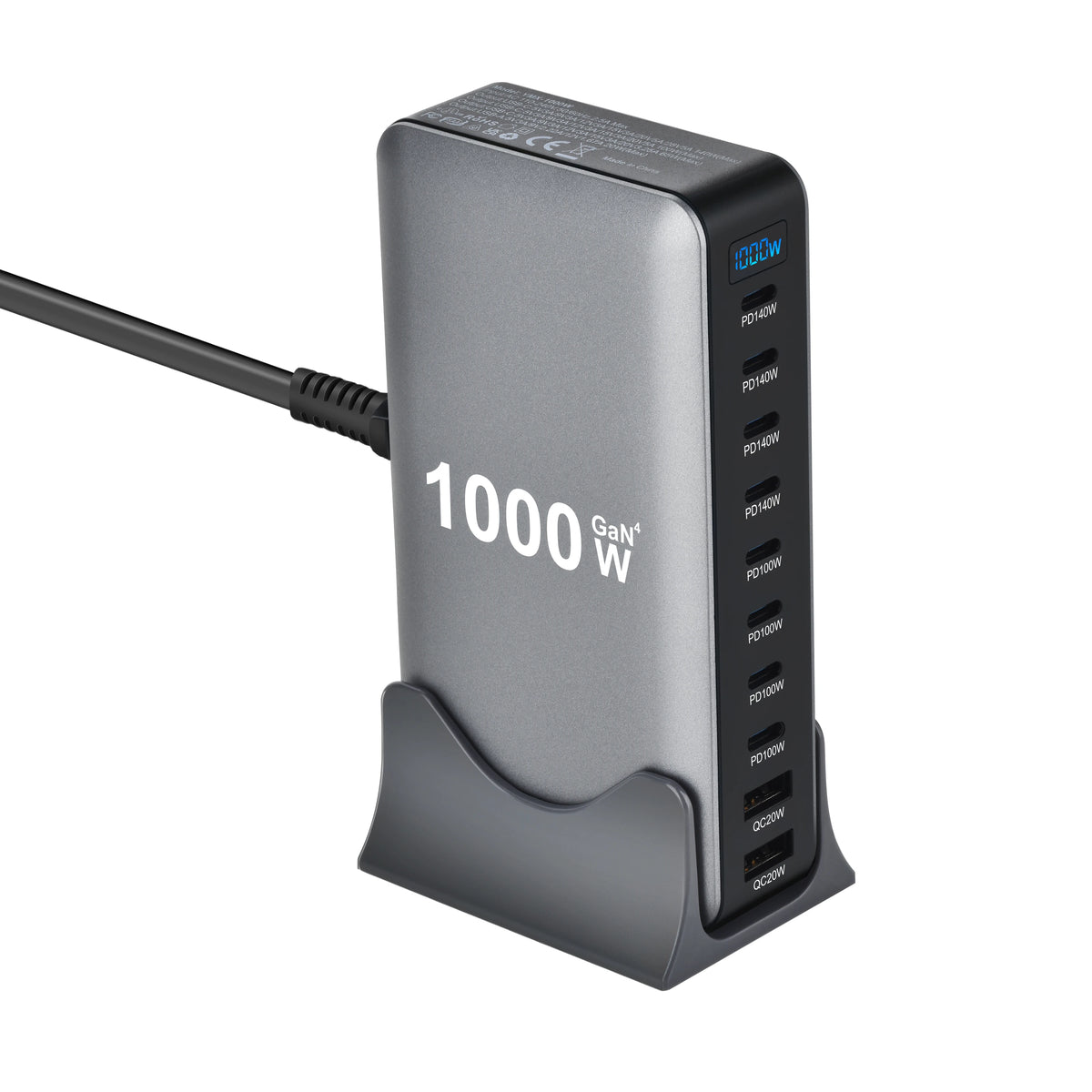 1000W 10-Port GaN-Schreibtischadapter 140W PD-Schnellladen für MacBook Pro Laptop, 100W für Smartphone und Tablet, Multi-Port-USB-Hub Station