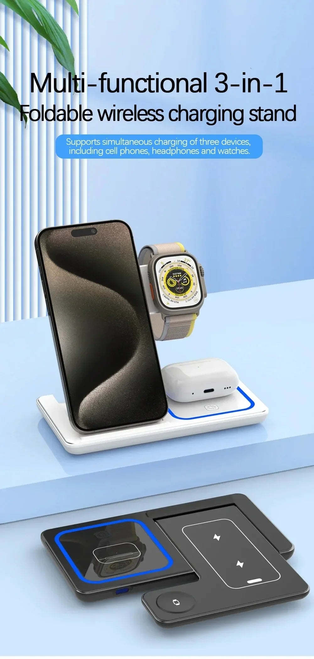 3-in-1 kabelloser Ladeständer 30W LED, faltbares kabelloses Ladegerät für iPhone 16 15 Pro Max, iWatch 8 7, AirPods, Ladestation