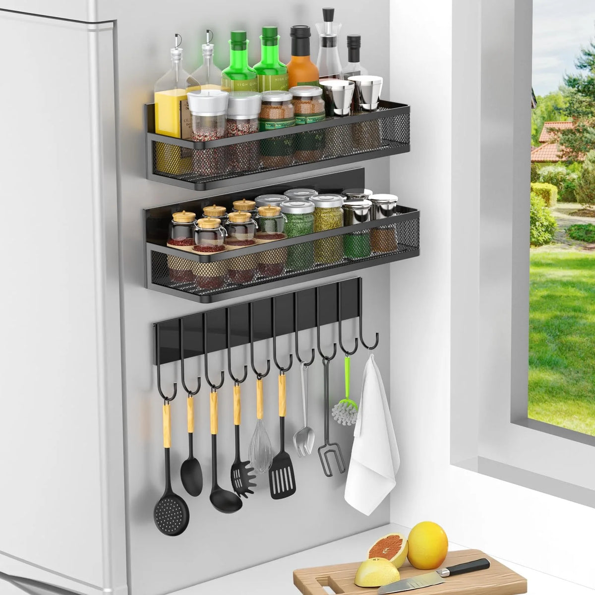 Magnetic Spice Rack for Refrigerator, Metal Strong Magnet Shelf, Space Saving Spice Organizer, Home Kitchen Laundry Room Storage