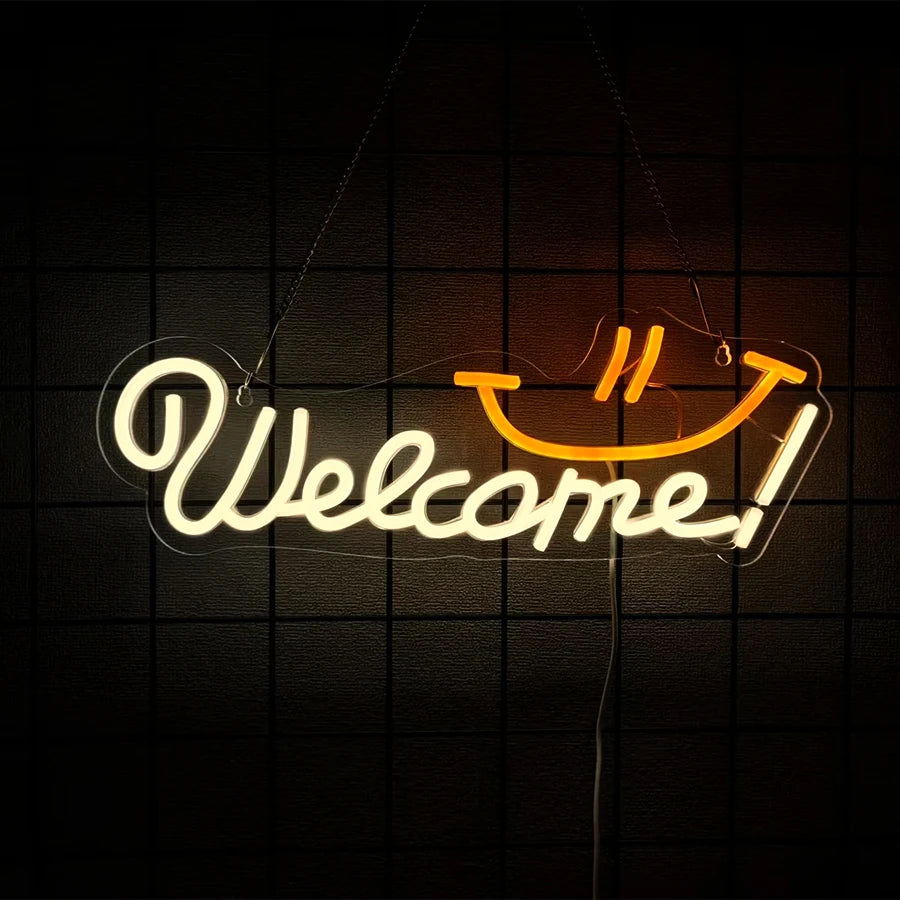 Insegna al neon LED Plugwell™ Open Welcome | Decorazione luminosa per vetrine e pareti di attività commerciali