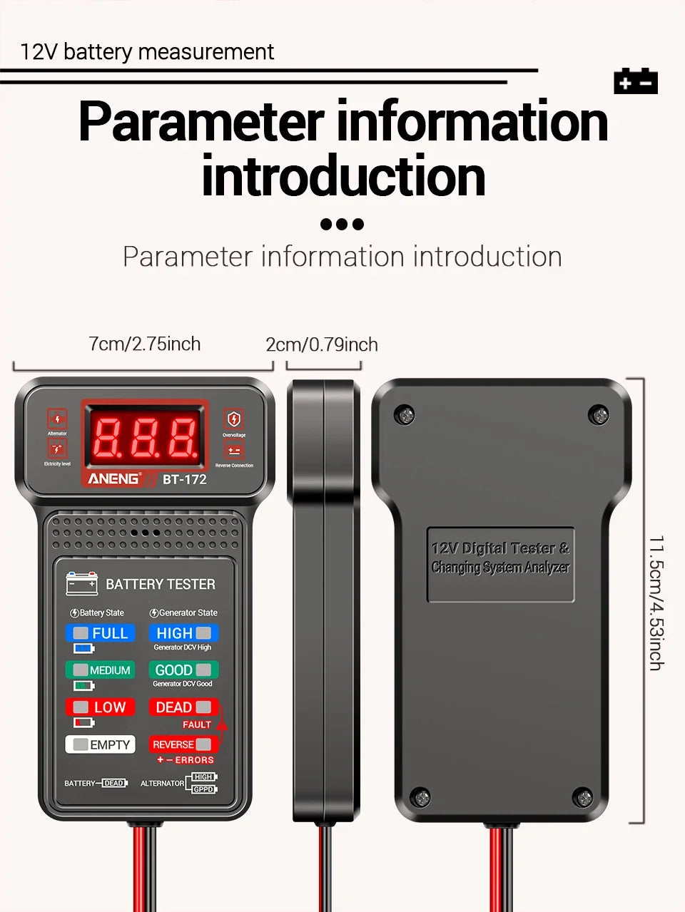 Plugwell™ BT-172 12V Car Battery Tester | Digital LED Display & Buzzer Diagnostic Tool