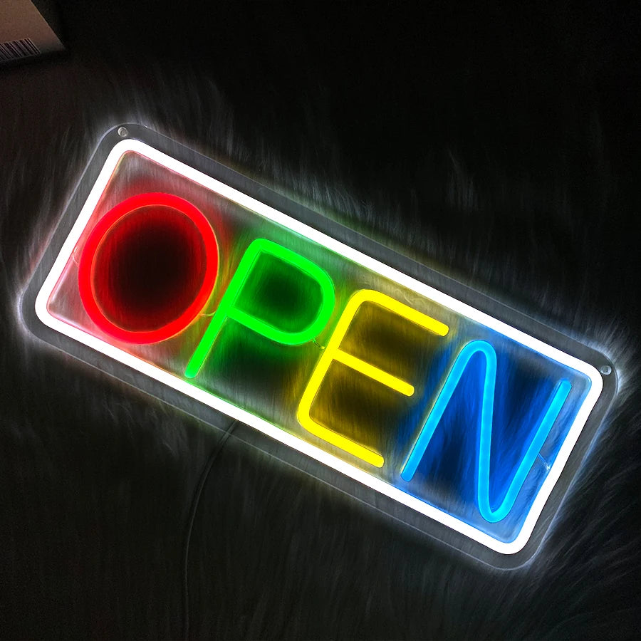 Insegna al neon LED Plugwell™ Open Welcome | Decorazione luminosa per vetrine e pareti di attività commerciali