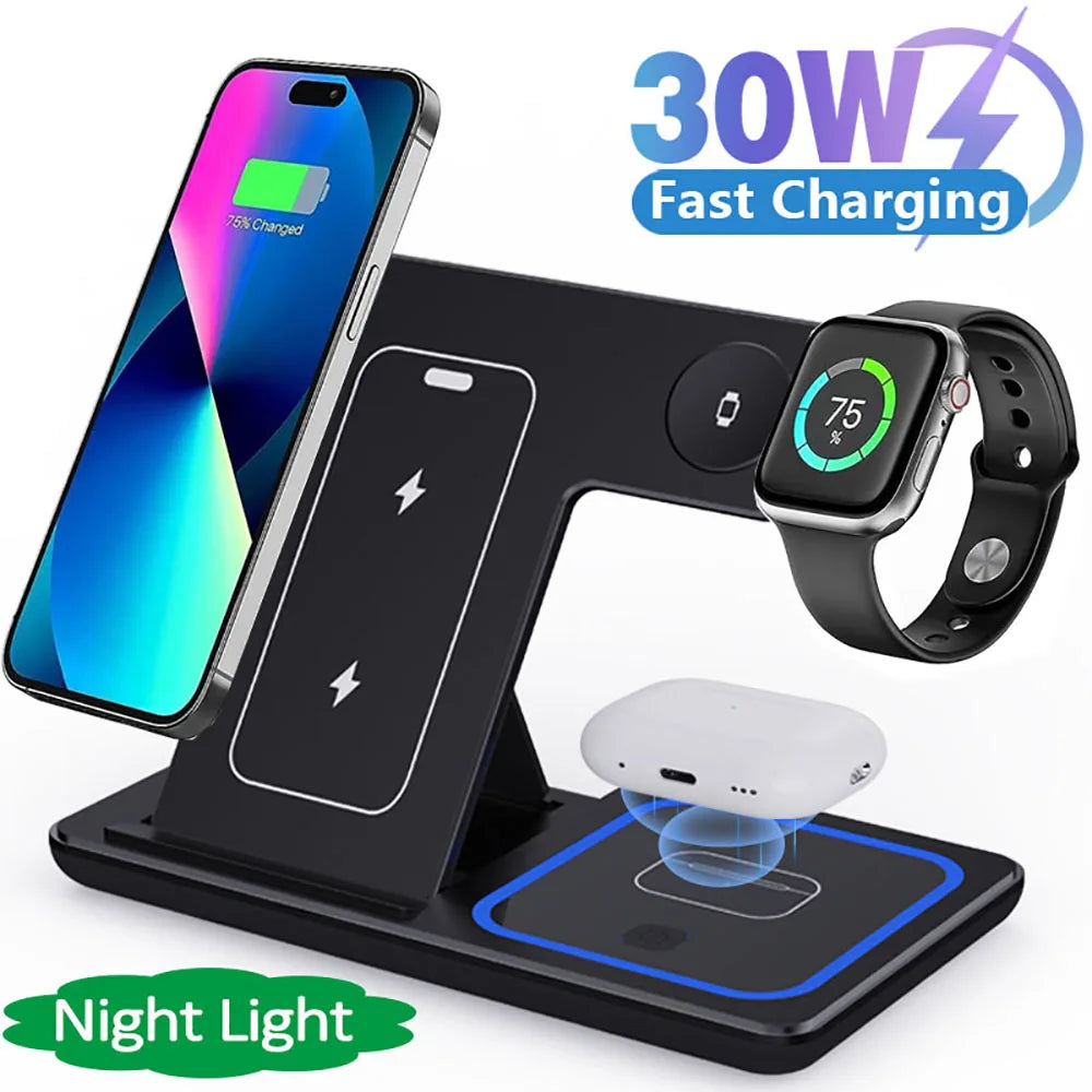 3-in-1 kabelloser Ladeständer 30W LED, faltbares kabelloses Ladegerät für iPhone 16 15 Pro Max, iWatch 8 7, AirPods, Ladestation
