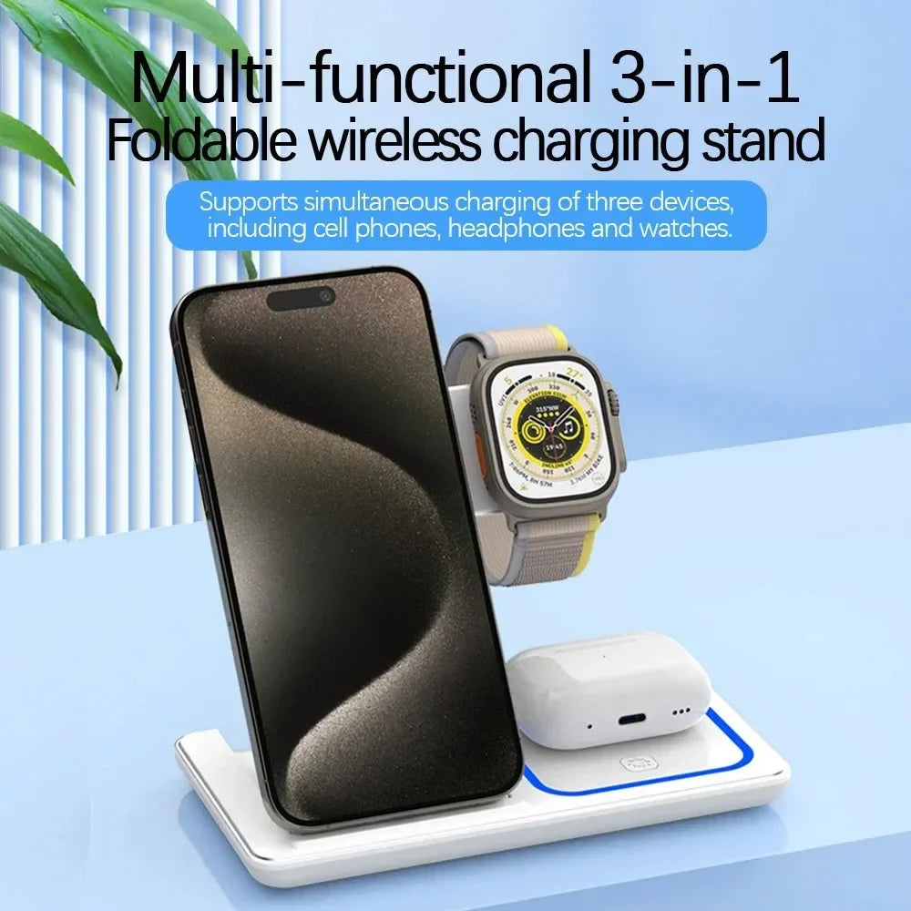 3-in-1 kabelloser Ladeständer 30W LED, faltbares kabelloses Ladegerät für iPhone 16 15 Pro Max, iWatch 8 7, AirPods, Ladestation