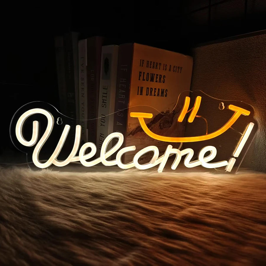 Insegna al neon LED Plugwell™ Open Welcome | Decorazione luminosa per vetrine e pareti di attività commerciali