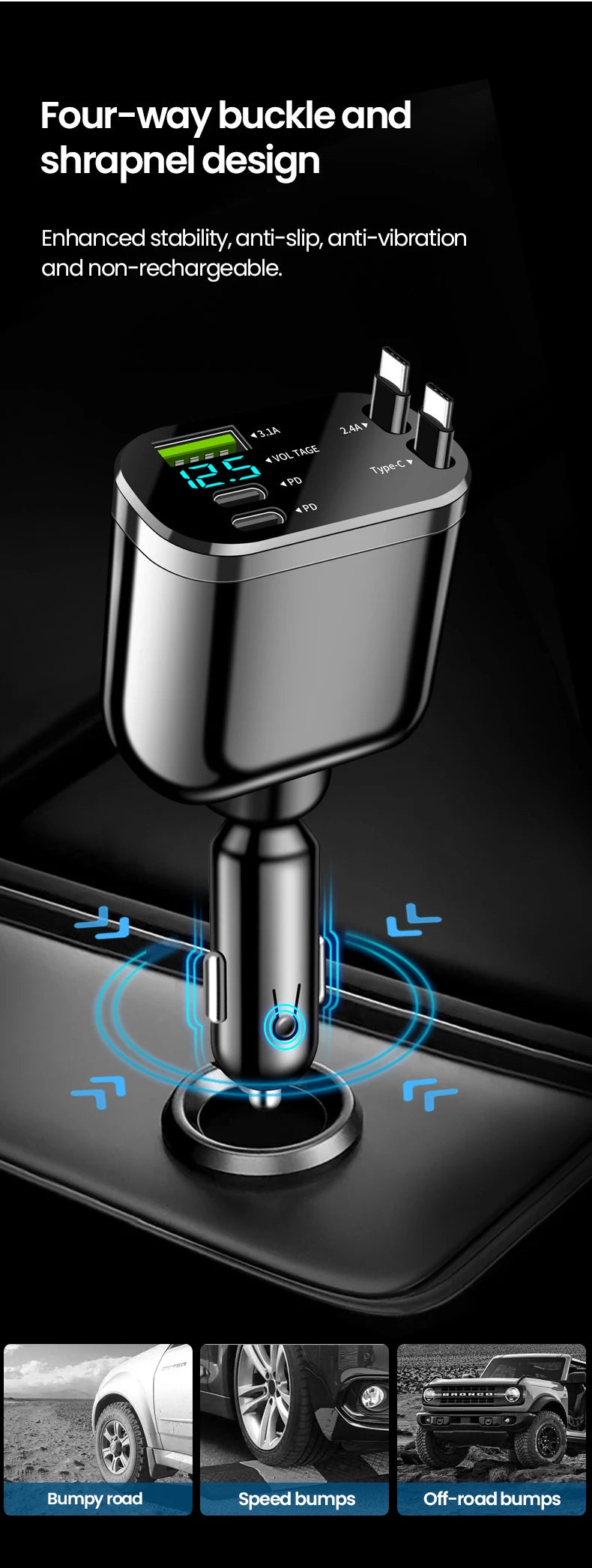 Chargeur de voiture rétractable Elough 5-en-1, charge rapide, câble rétractable, 2 ports Type-C, adaptateur de charge pour voiture compatible