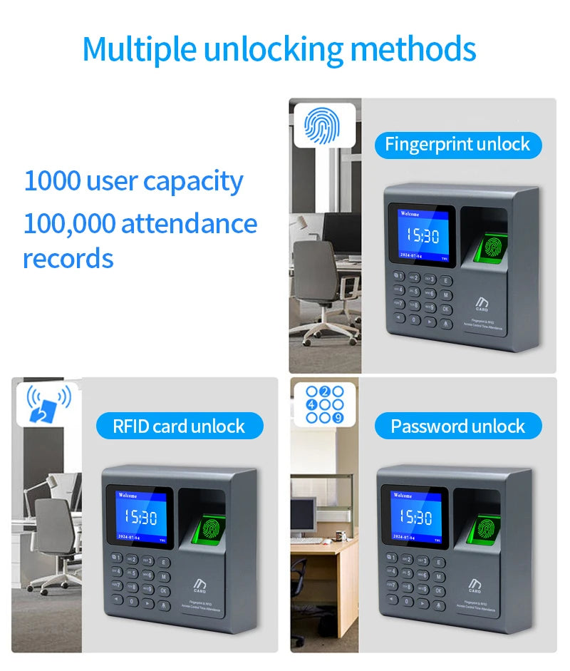 Biometrischer Fingerabdruckscanner RFID-Zutrittskontrollsystem 1000 Benutzer USB Zeiterfassung Präsenzmaschine für Mitarbeiter