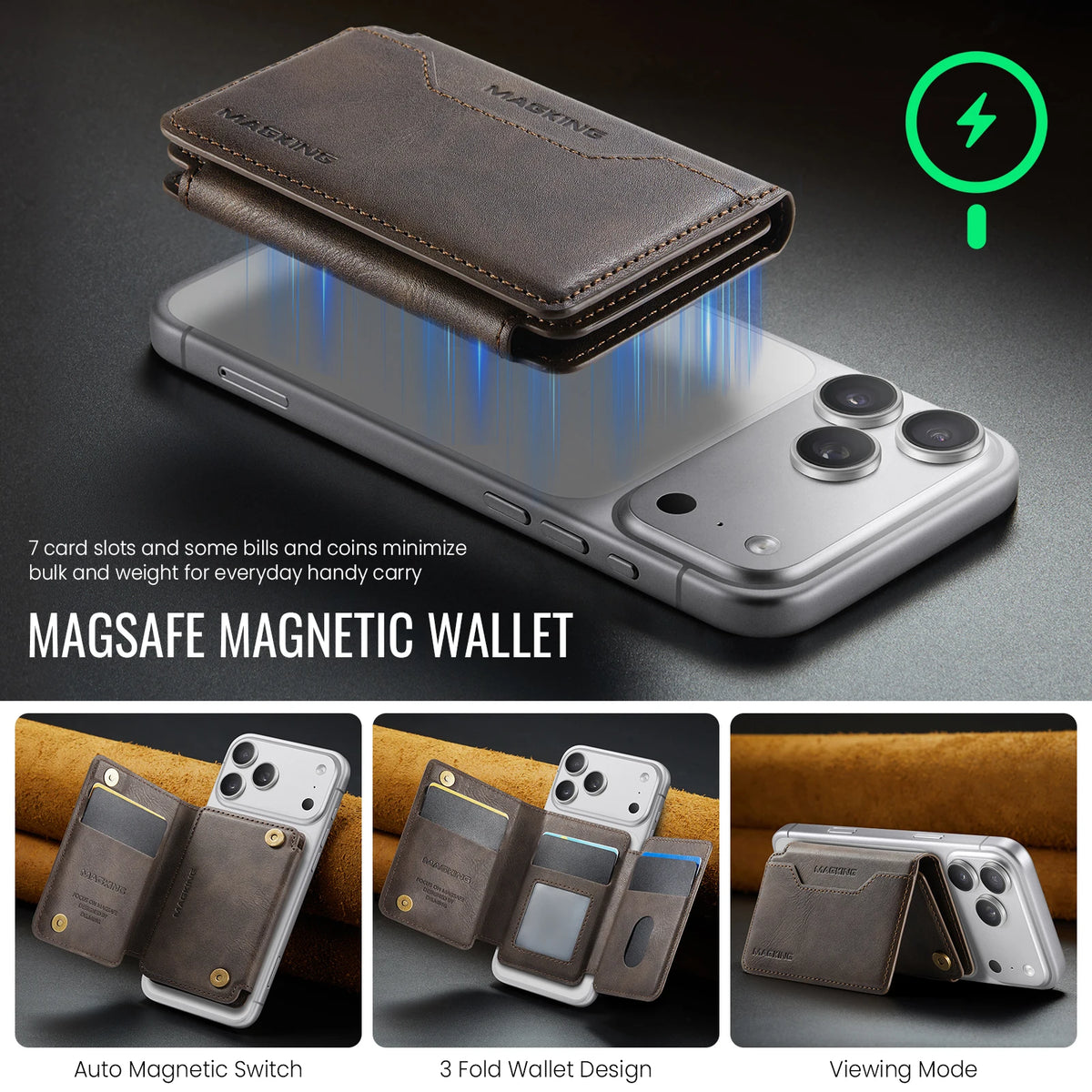 Plugwell™ MagSafe 3-fach faltbare RFID-blockierende magnetische Brieftasche & Kartenhalter