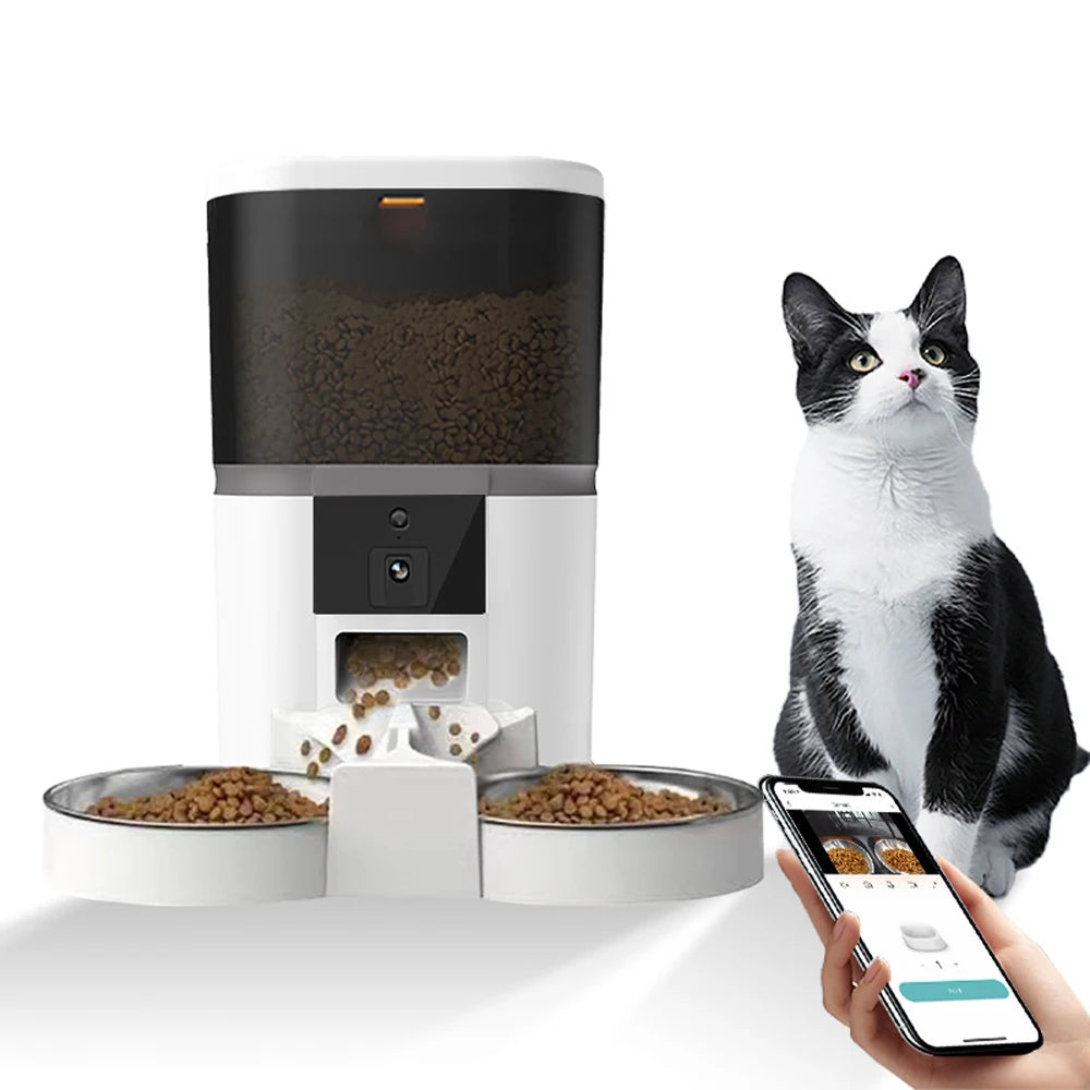 Plugwell™ 4L Automatischer Futterautomat mit HD-Kamera | Smarter Futterspender mit Doppelnapf für Hunde & Katzen