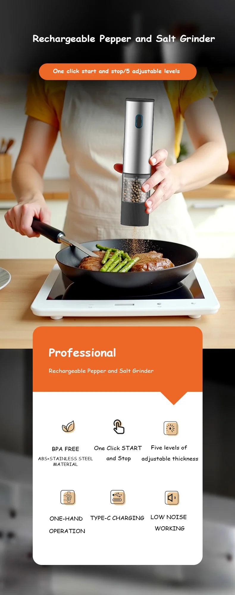 Rechargeable Electric Salt & Pepper Grinder with Adjustable Coarseness