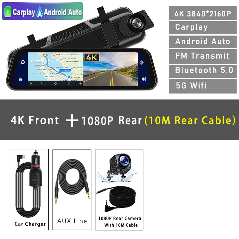 Dashcam 4K 2160P Auto-DVR CarPlay Android Auto Streaming Rückspiegel GPS 5G WLAN FM-Radio AUX Dashcam Auto-Kamera Fahrtenschreiber