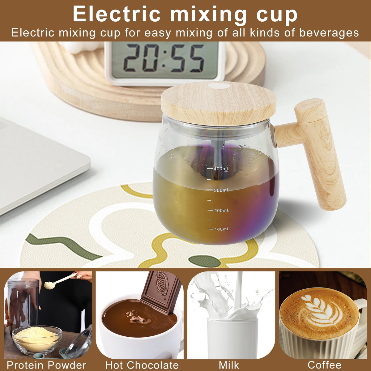 1 Pc Self Stirring Mug with Measurement Glass Self Mixing Mug 400ML Selfs Mixing Cups Battery Powered Selfs Stirring Coffee Mugs