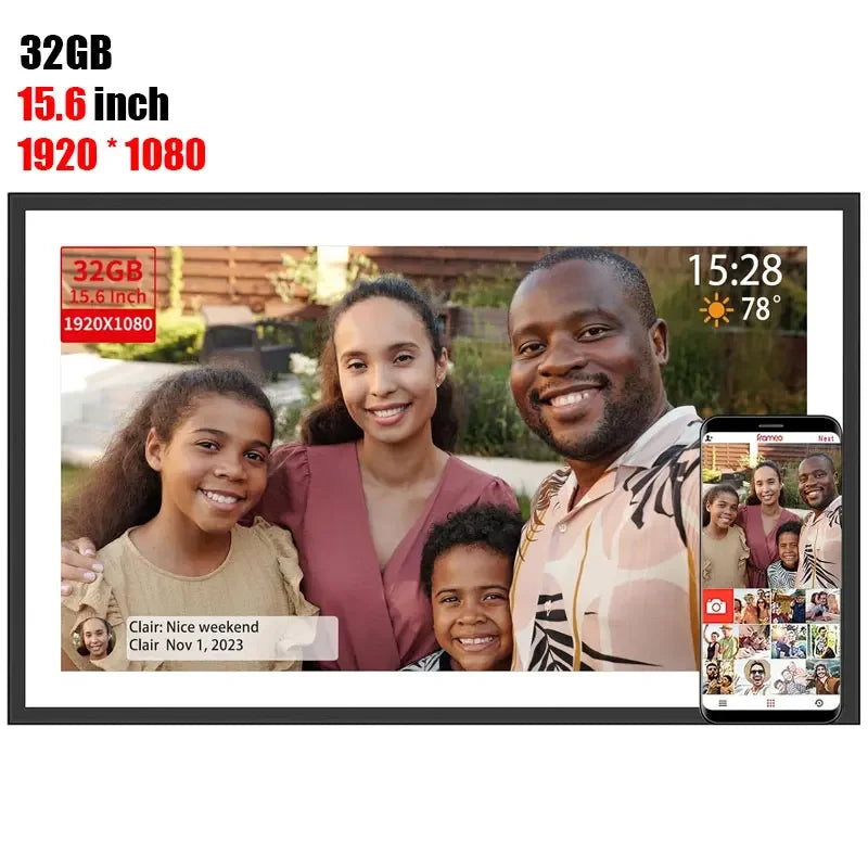 Frameo 15,6-Zoll-WLAN-Digitalfotorahmen, 1920 × 1080 IPS-HD-Touchscreen, 64 GB, automatischer Bildschirmausrichtung, smarter Fotorahmen, Wandmontage