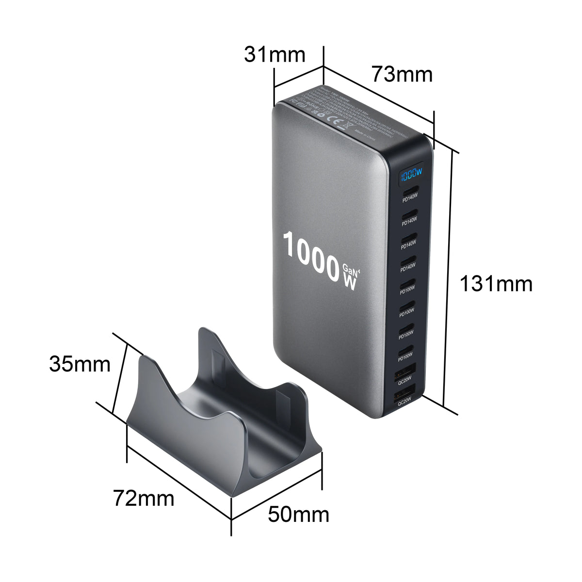 1000W 10-Port GaN-Schreibtischadapter 140W PD-Schnellladen für MacBook Pro Laptop, 100W für Smartphone und Tablet, Multi-Port-USB-Hub Station