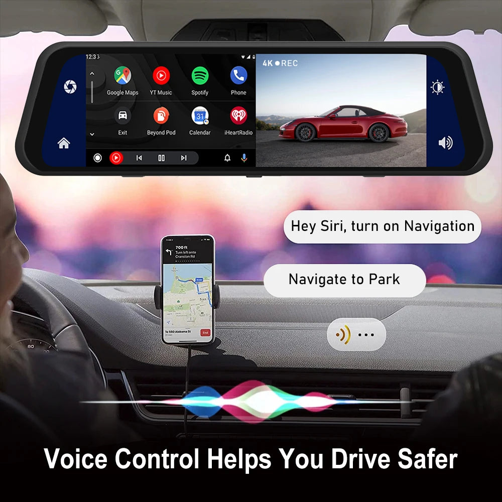 Dashcam 4K 2160P Auto-DVR CarPlay Android Auto Streaming Rückspiegel GPS 5G WLAN FM-Radio AUX Dashcam Auto-Kamera Fahrtenschreiber