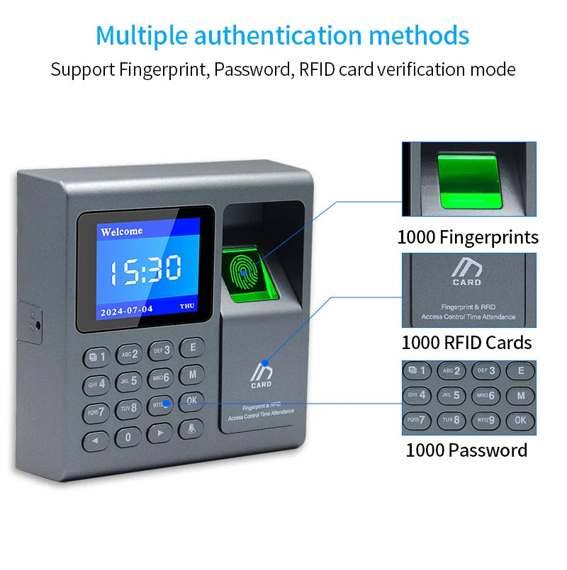 Biometrischer Fingerabdruckscanner RFID-Zutrittskontrollsystem 1000 Benutzer USB Zeiterfassung Präsenzmaschine für Mitarbeiter