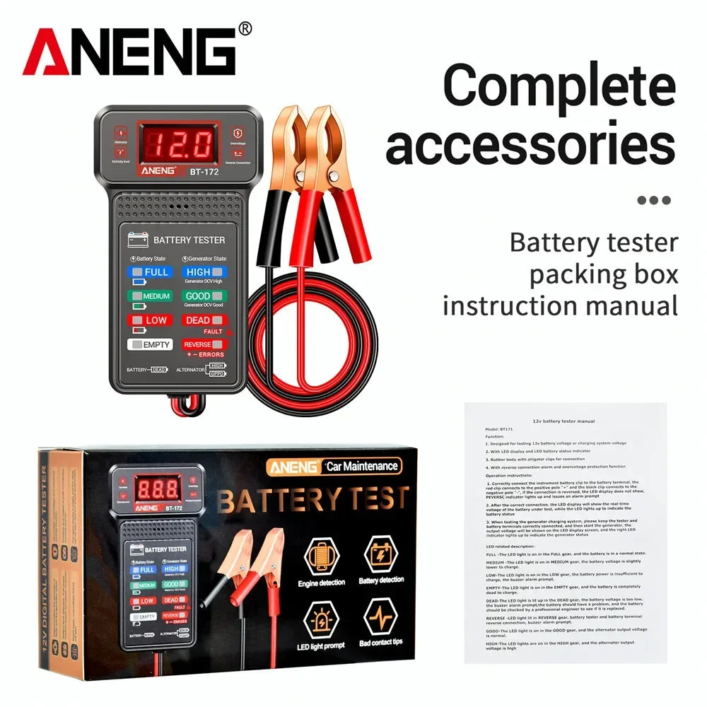 Plugwell™ BT-172 12V Car Battery Tester | Digital LED Display & Buzzer Diagnostic Tool