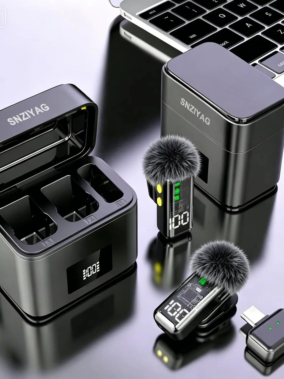 Kabelloses Ansteckmikrofon, KI-Geräuschunterdrückung, LED-Anzeige, 300-mAh-Ladeetui mit Windschutz für Live-Stream-Aufnahmen