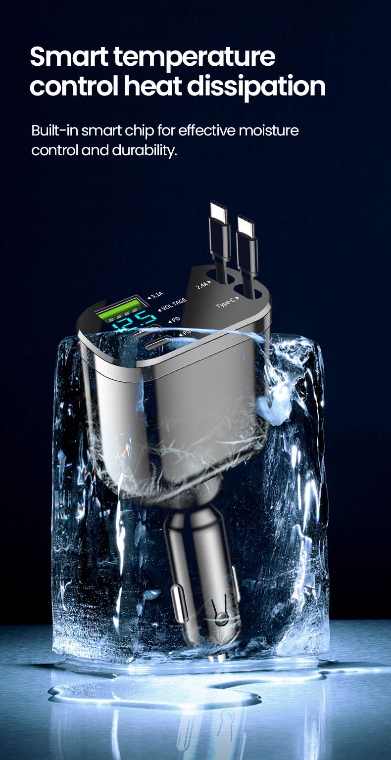 Chargeur de voiture rétractable Elough 5-en-1, charge rapide, câble rétractable, 2 ports Type-C, adaptateur de charge pour voiture compatible