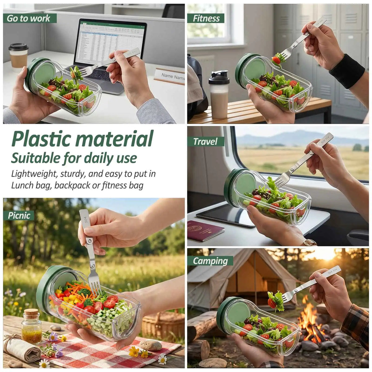 Neues tragbares, auslaufsicheres Salatglas mit seitlicher Öffnung, Dressingbecher und Gabel, vertikaler Schichtsalatbehälter für die Mahlzeitenvorbereitung