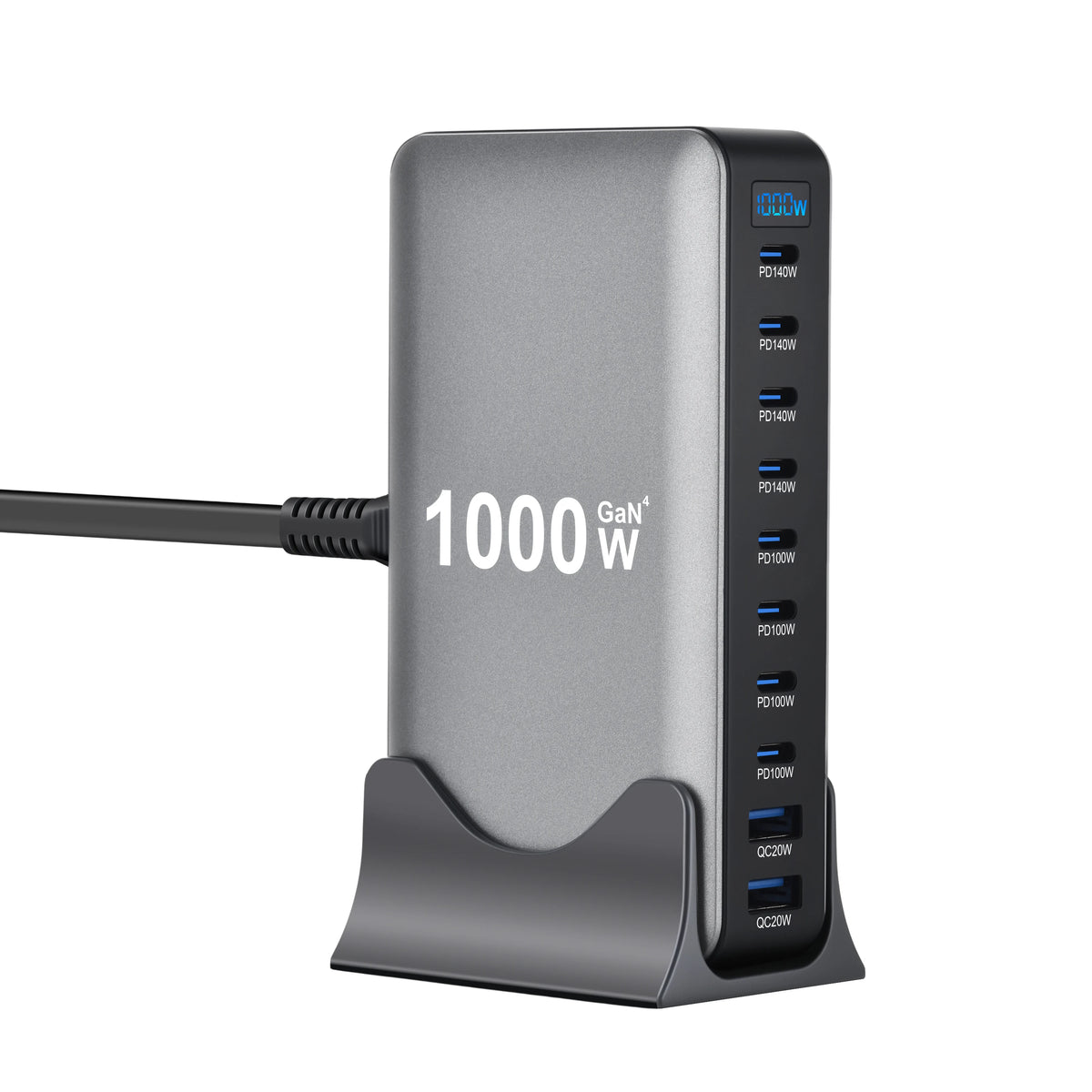 1000W 10-Port GaN-Schreibtischadapter 140W PD-Schnellladen für MacBook Pro Laptop, 100W für Smartphone und Tablet, Multi-Port-USB-Hub Station