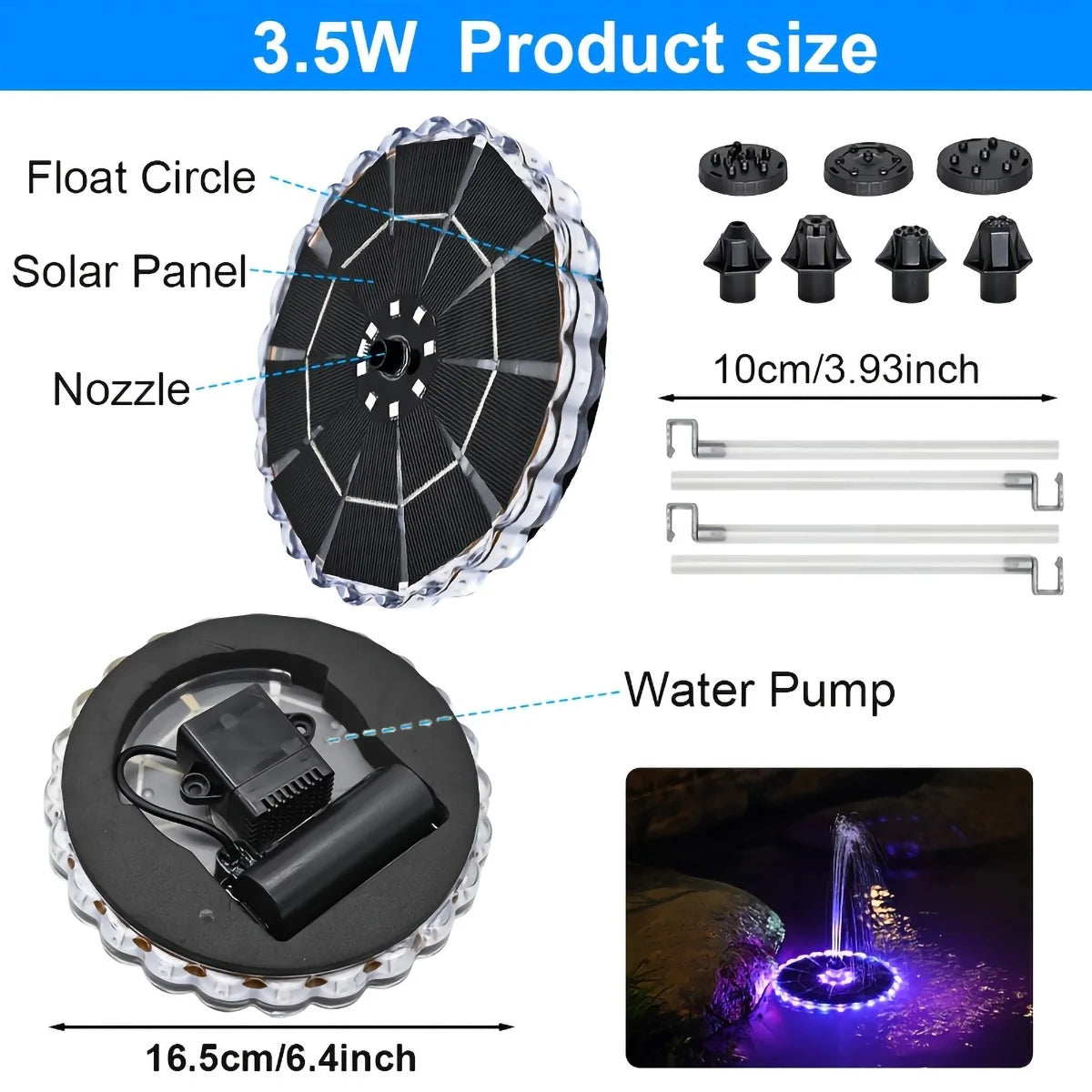 Solarbetriebener schwimmender Brunnen mit RGB-LED-Beleuchtung, Solar-Wasserspiel mit mehreren Düsen für Vogelbäder, Gartenteiche und den Außenbereich
