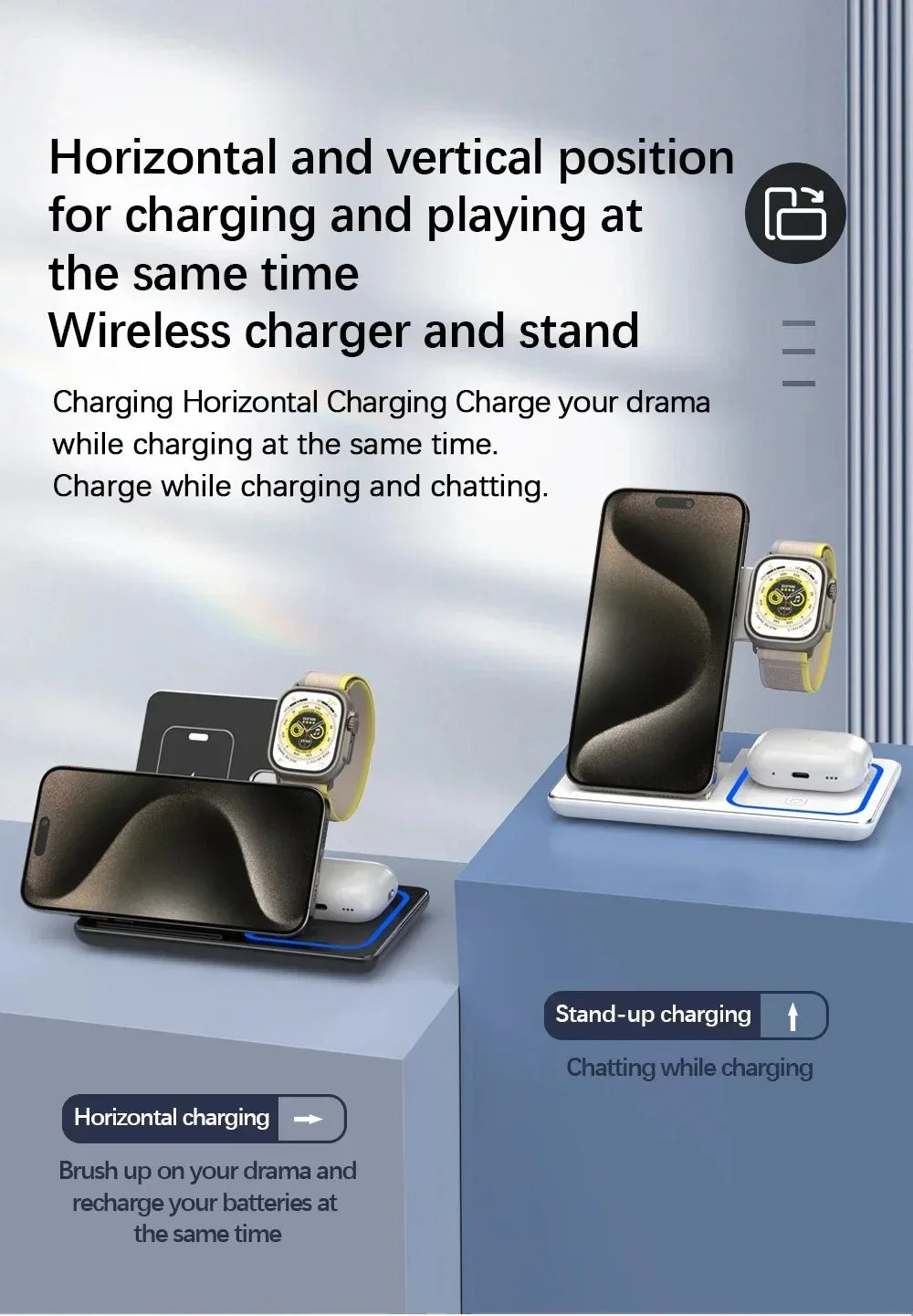 3-in-1 kabelloser Ladeständer 30W LED, faltbares kabelloses Ladegerät für iPhone 16 15 Pro Max, iWatch 8 7, AirPods, Ladestation