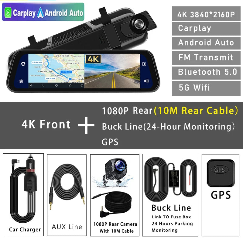 Dashcam 4K 2160P Auto-DVR CarPlay Android Auto Streaming Rückspiegel GPS 5G WLAN FM-Radio AUX Dashcam Auto-Kamera Fahrtenschreiber