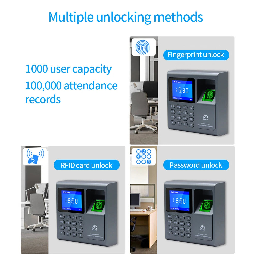 Biometrischer Fingerabdruckscanner RFID-Zutrittskontrollsystem 1000 Benutzer USB Zeiterfassung Präsenzmaschine für Mitarbeiter