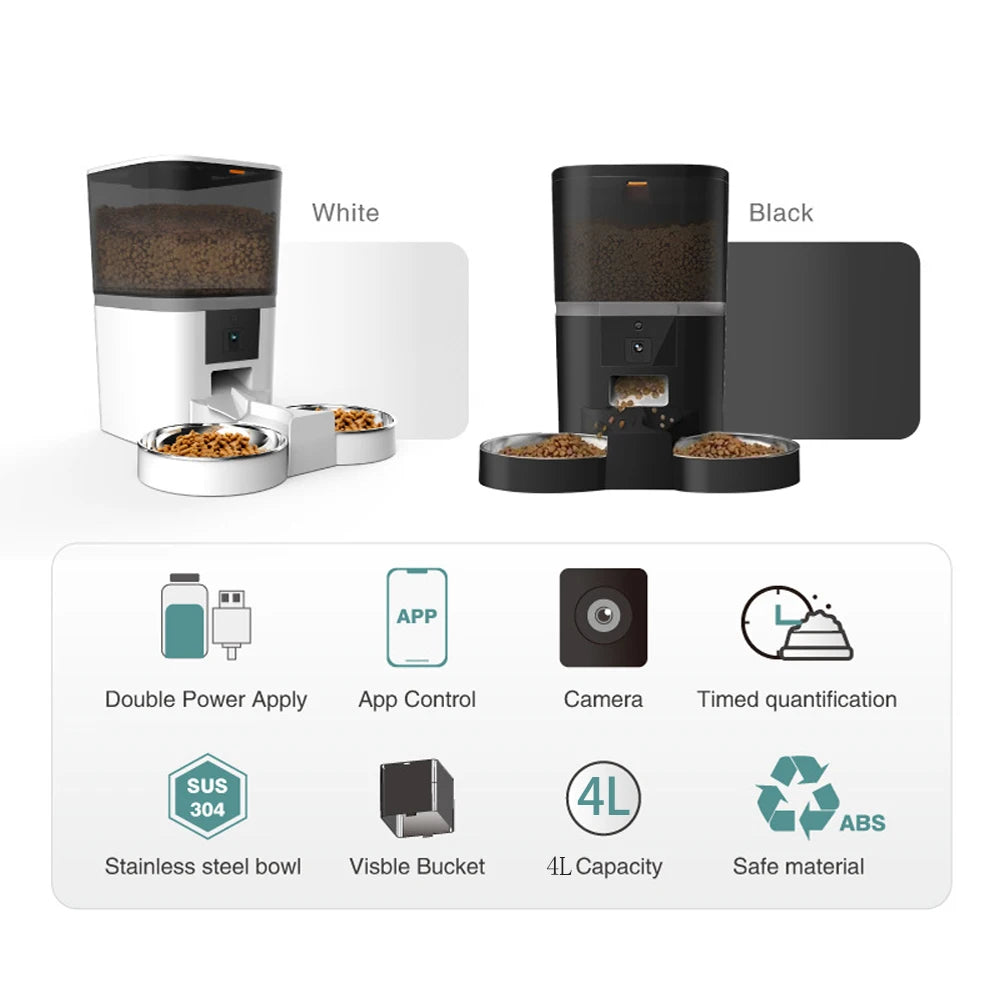 Plugwell™ 4L Automatic Pet Feeder with HD Camera | Dual Bowl Smart Food Dispenser for Cats & Dogs