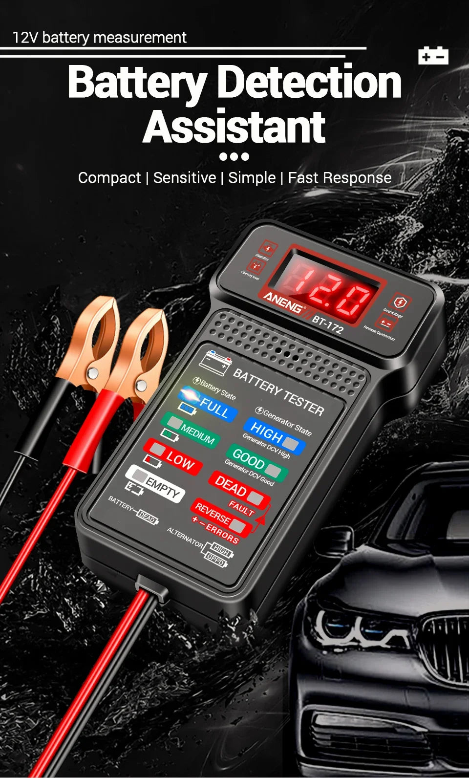 Plugwell™ BT-172 12V Car Battery Tester | Digital LED Display & Buzzer Diagnostic Tool