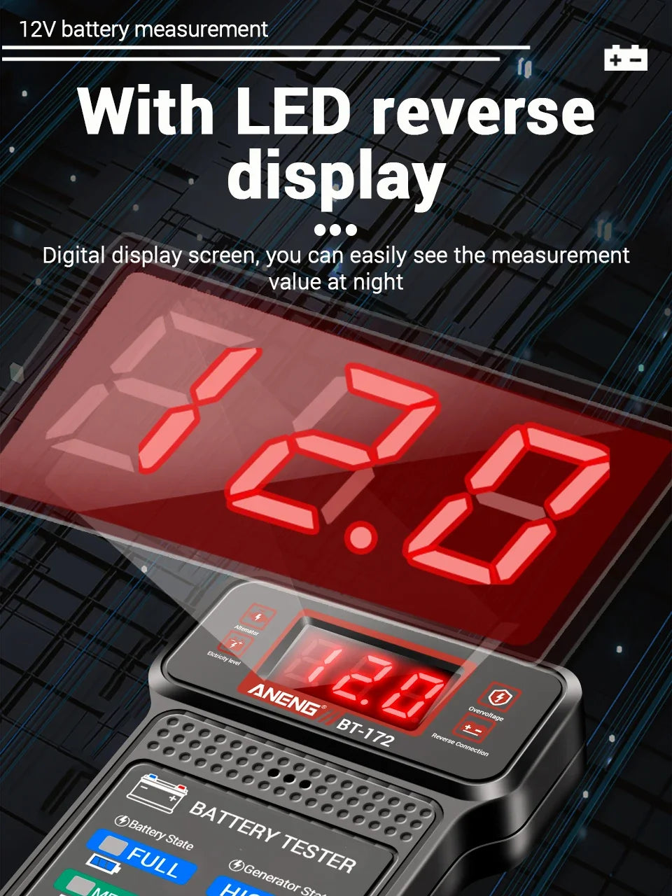 Plugwell™ BT-172 12V Car Battery Tester | Digital LED Display & Buzzer Diagnostic Tool