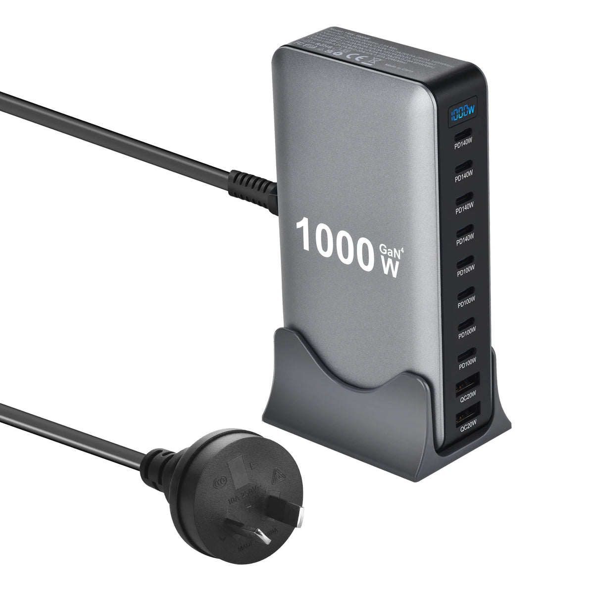 1000W 10-Port GaN-Schreibtischadapter 140W PD-Schnellladen für MacBook Pro Laptop, 100W für Smartphone und Tablet, Multi-Port-USB-Hub Station