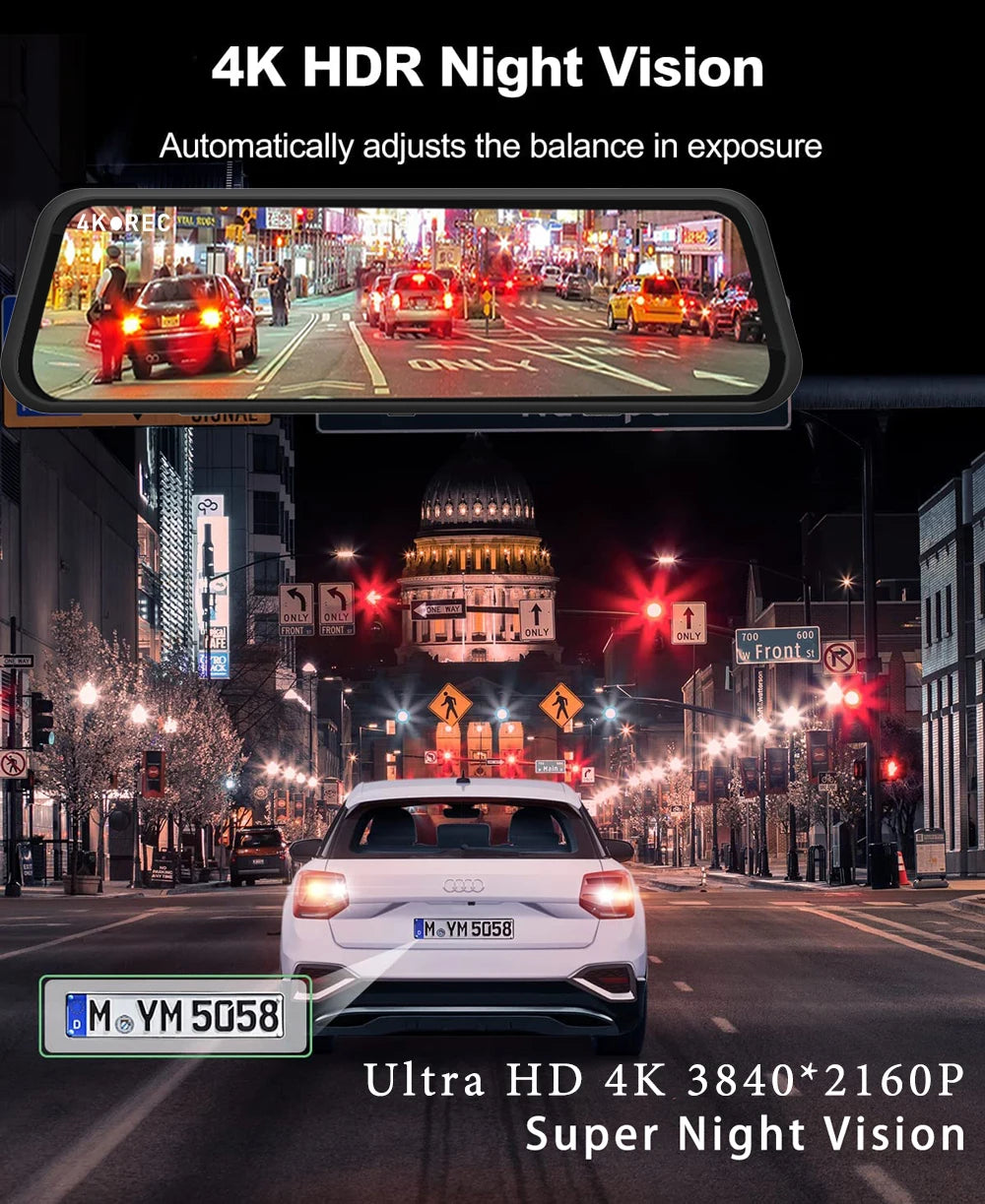 Dashcam 4K 2160P Auto-DVR CarPlay Android Auto Streaming Rückspiegel GPS 5G WLAN FM-Radio AUX Dashcam Auto-Kamera Fahrtenschreiber
