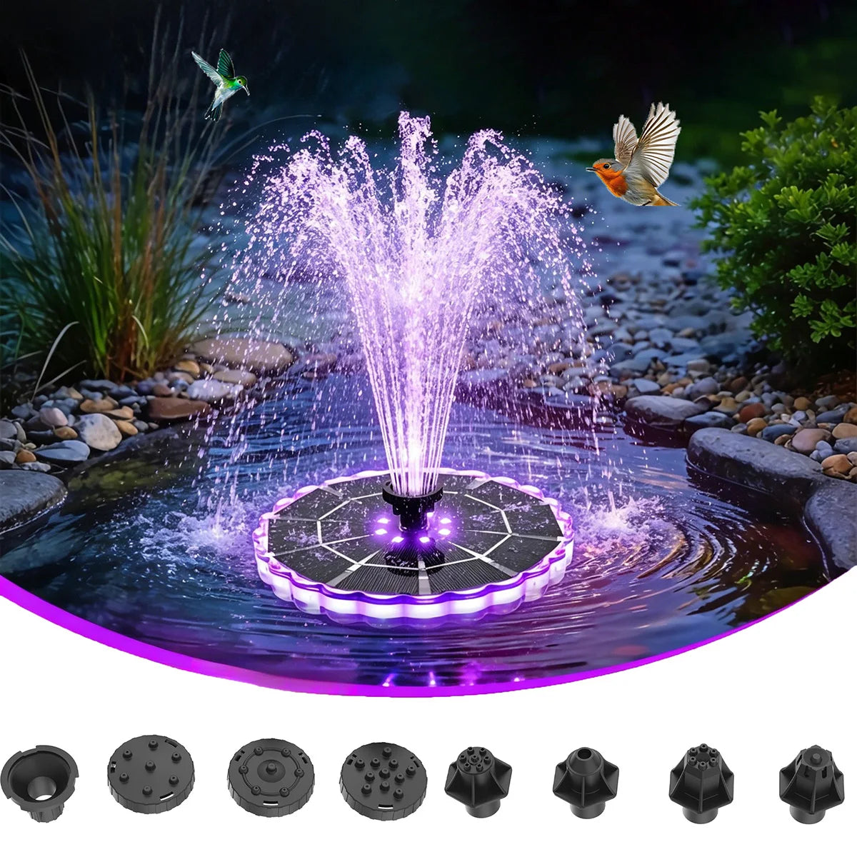 Solarbetriebener schwimmender Brunnen mit RGB-LED-Beleuchtung, Solar-Wasserspiel mit mehreren Düsen für Vogelbäder, Gartenteiche und den Außenbereich