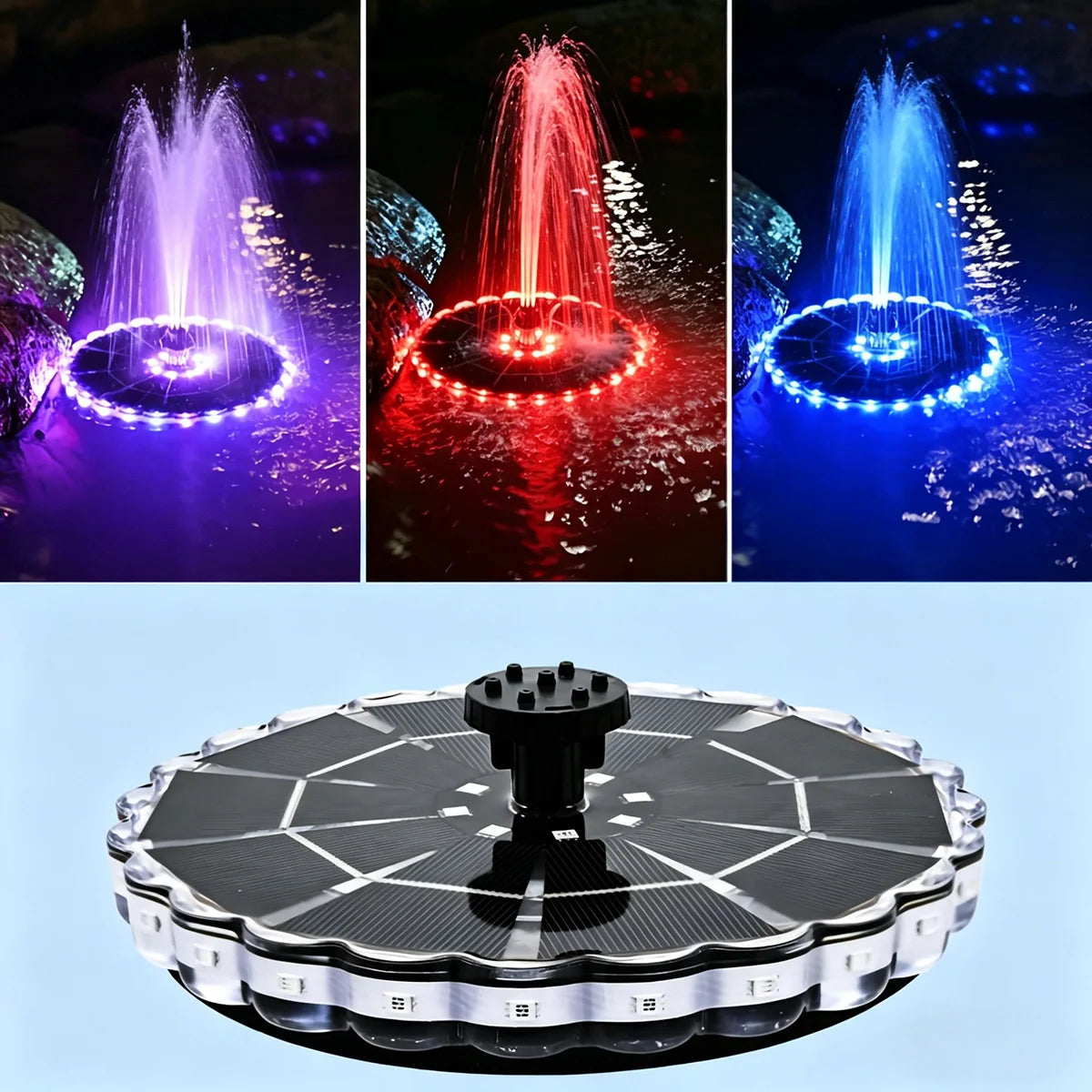 Solarbetriebener schwimmender Brunnen mit RGB-LED-Beleuchtung, Solar-Wasserspiel mit mehreren Düsen für Vogelbäder, Gartenteiche und den Außenbereich