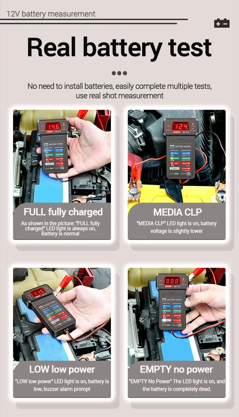 Plugwell™ BT-172 12V Car Battery Tester | Digital LED Display & Buzzer Diagnostic Tool