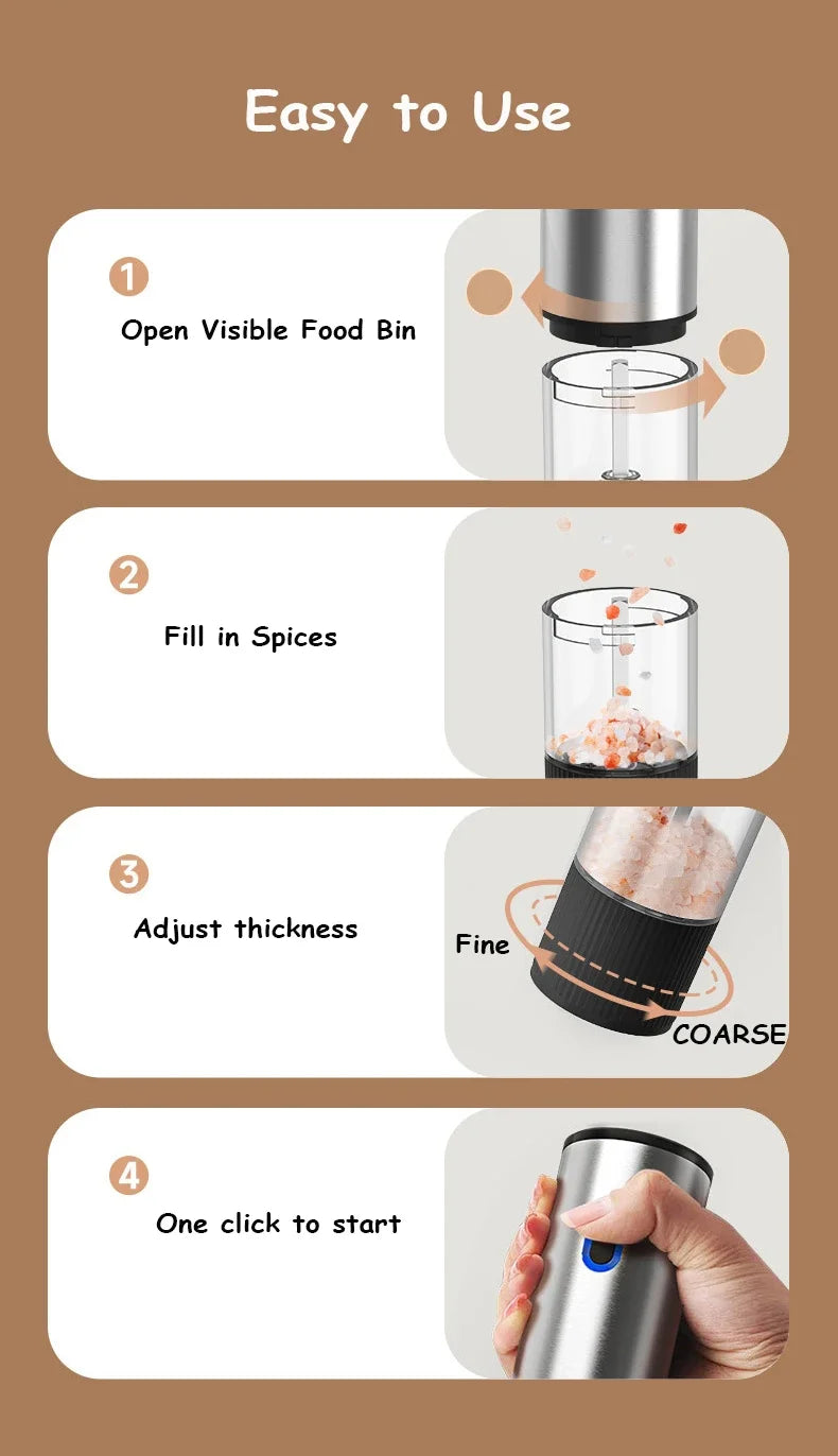 Rechargeable Electric Salt & Pepper Grinder with Adjustable Coarseness