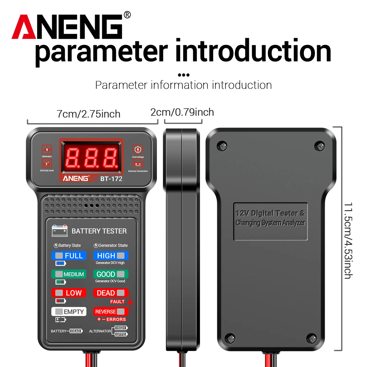 Plugwell™ BT-172 12V Car Battery Tester | Digital LED Display & Buzzer Diagnostic Tool