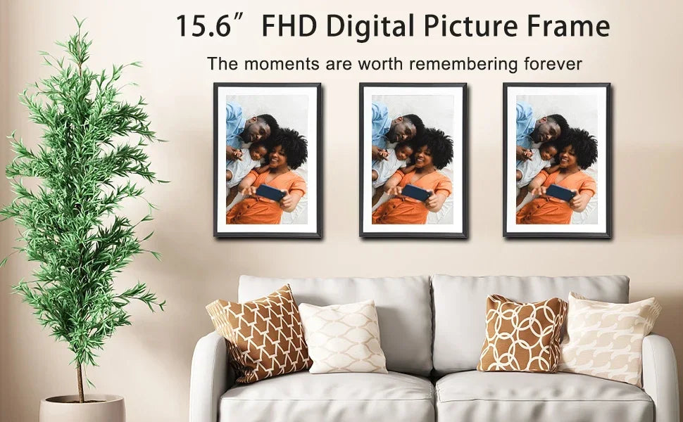 Frameo 15,6-Zoll-WLAN-Digitalfotorahmen, 1920 × 1080 IPS-HD-Touchscreen, 64 GB, automatischer Bildschirmausrichtung, smarter Fotorahmen, Wandmontage