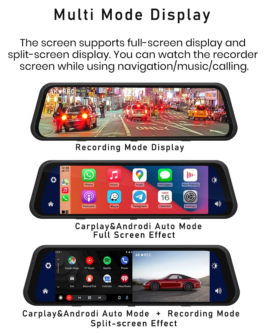 Dashcam 4K 2160P Auto-DVR CarPlay Android Auto Streaming Rückspiegel GPS 5G WLAN FM-Radio AUX Dashcam Auto-Kamera Fahrtenschreiber