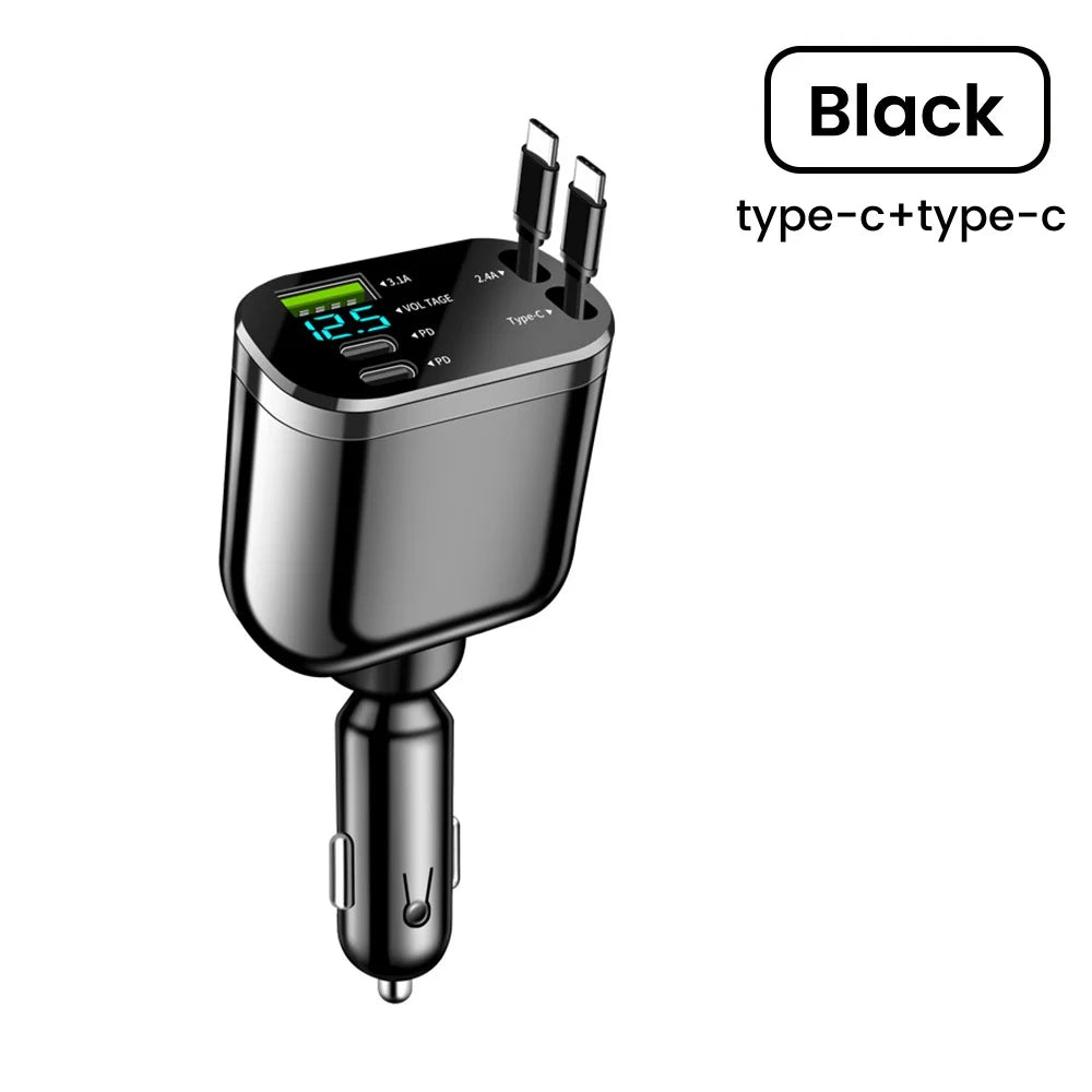 Chargeur de voiture rétractable Elough 5-en-1, charge rapide, câble rétractable, 2 ports Type-C, adaptateur de charge pour voiture compatible