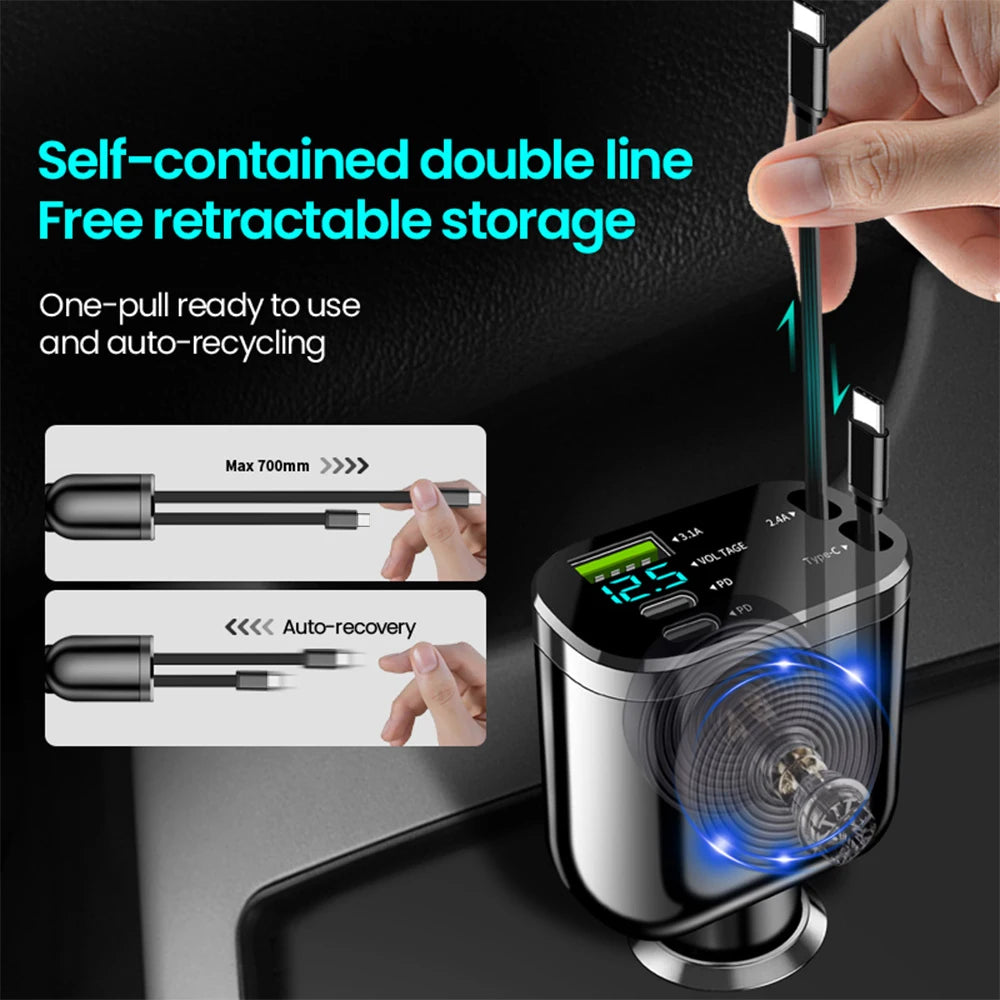 Chargeur de voiture rétractable Elough 5-en-1, charge rapide, câble rétractable, 2 ports Type-C, adaptateur de charge pour voiture compatible