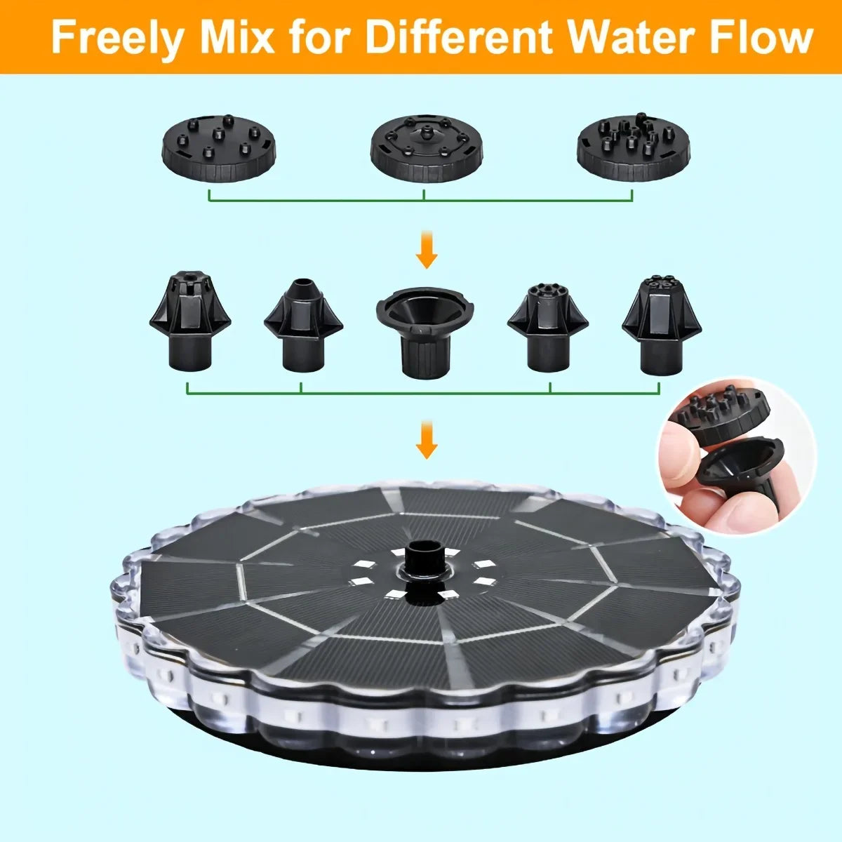 Solarbetriebener schwimmender Brunnen mit RGB-LED-Beleuchtung, Solar-Wasserspiel mit mehreren Düsen für Vogelbäder, Gartenteiche und den Außenbereich